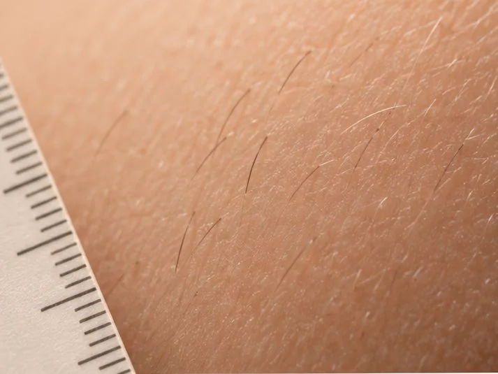 Nahaufnahme der Haarlänge am Bein zur Waxing-Vorbereitung